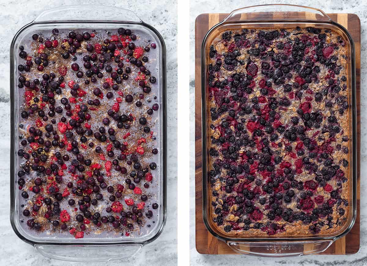 Blueberry Baked Oatmeal in a glass baking dish before and after baking.