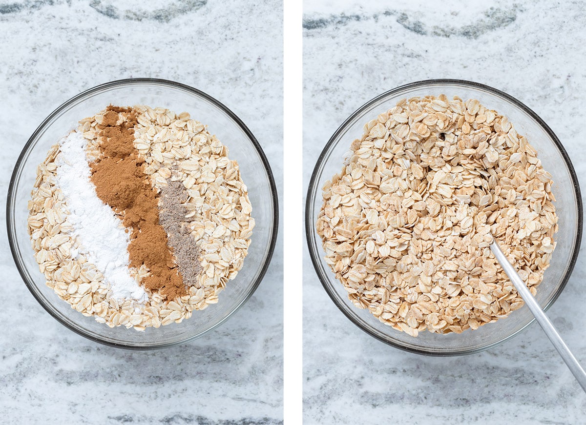 A glass bowl with oats, spices, and baking powder before and after mixing.
