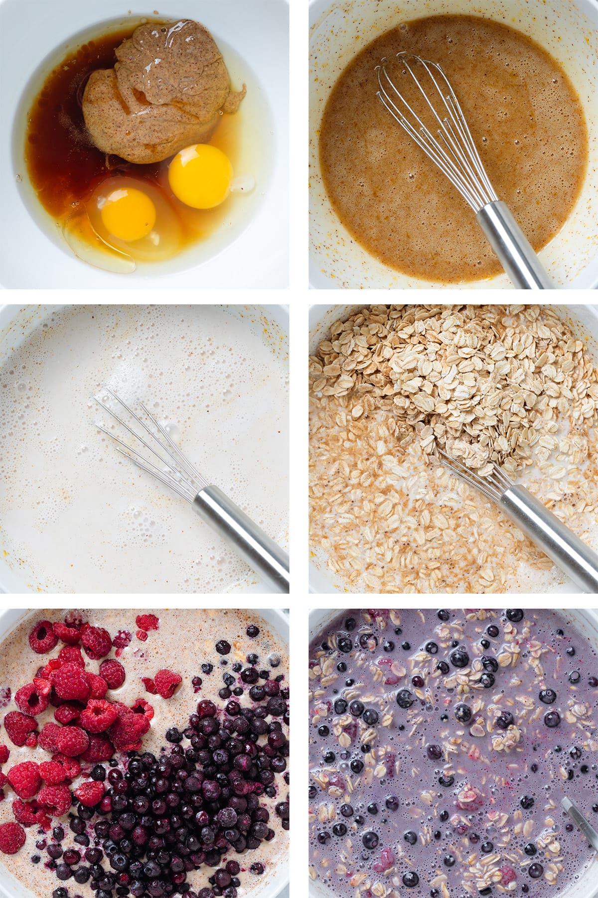 A collage of six photos showing how to make the batter for blueberry baked oatmeal.