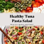 Tuna pasta salad on a large white serving plate with a black rim and two wooden serving spoons inserted in.