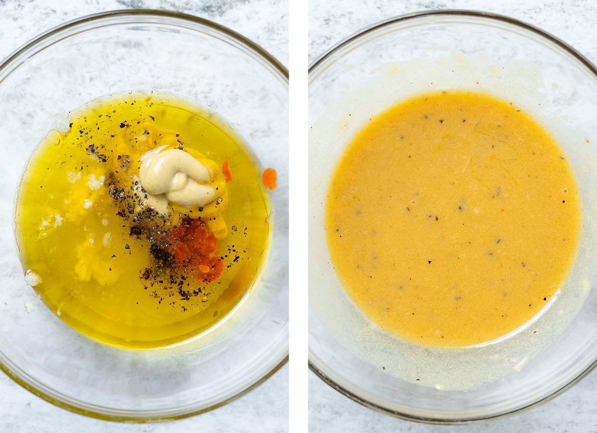 A small bowl with lemon dijon dressing before and after whisking.