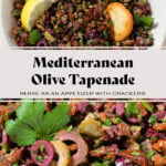Olive tapenade in a beige bowl garnished with a lemon wedge and with crackers around the bowl.