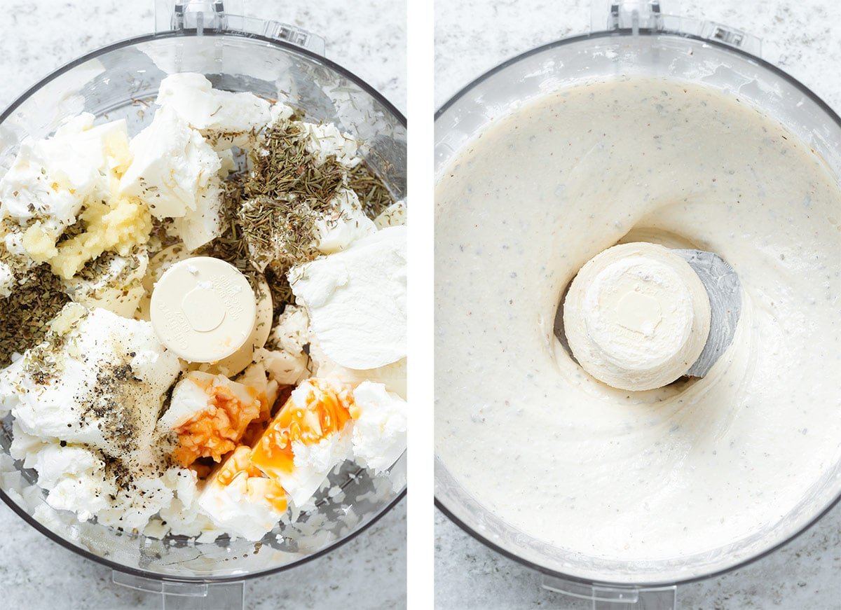 Food processor with feta, goat cheese, and hot honey before and after blending.