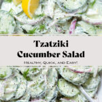 Creamy cucumber salad with red onion garnished with lemon wedges in a bowl with a blue rim.