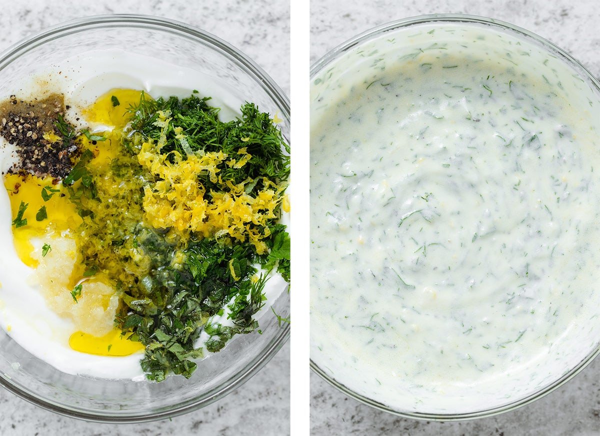 Tzatziki dressing in a glass bowl before and after whisking.