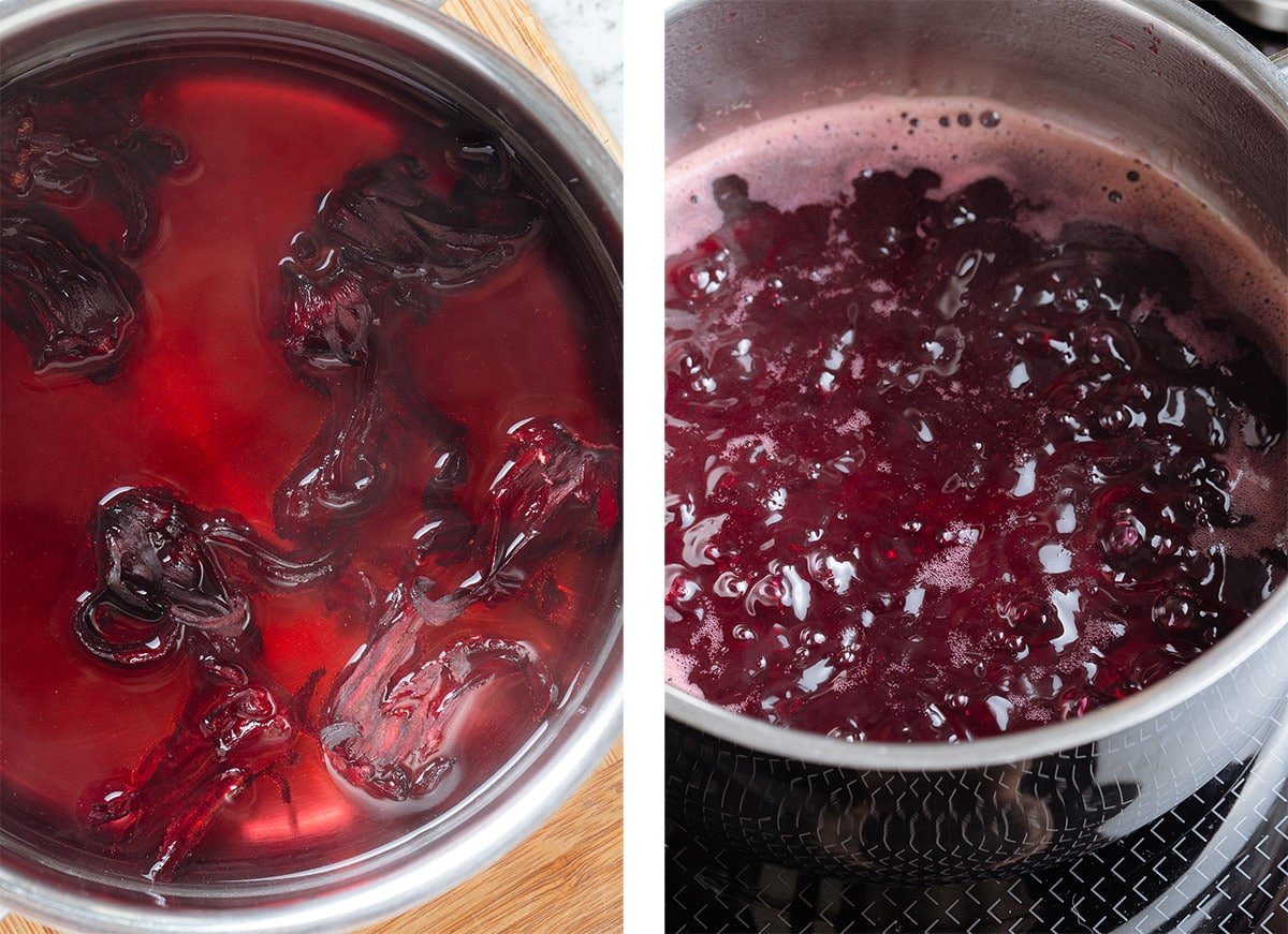 Hibiscus tea with dried hibiscus flowers steeping on the left and simmering with sugar into syrup on the right.