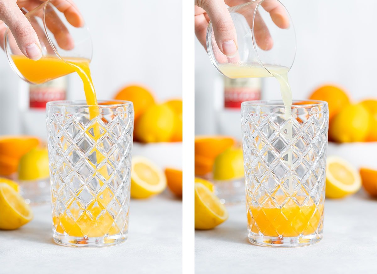 Orange juice and lemon juice being added into a glass cocktail shaker.