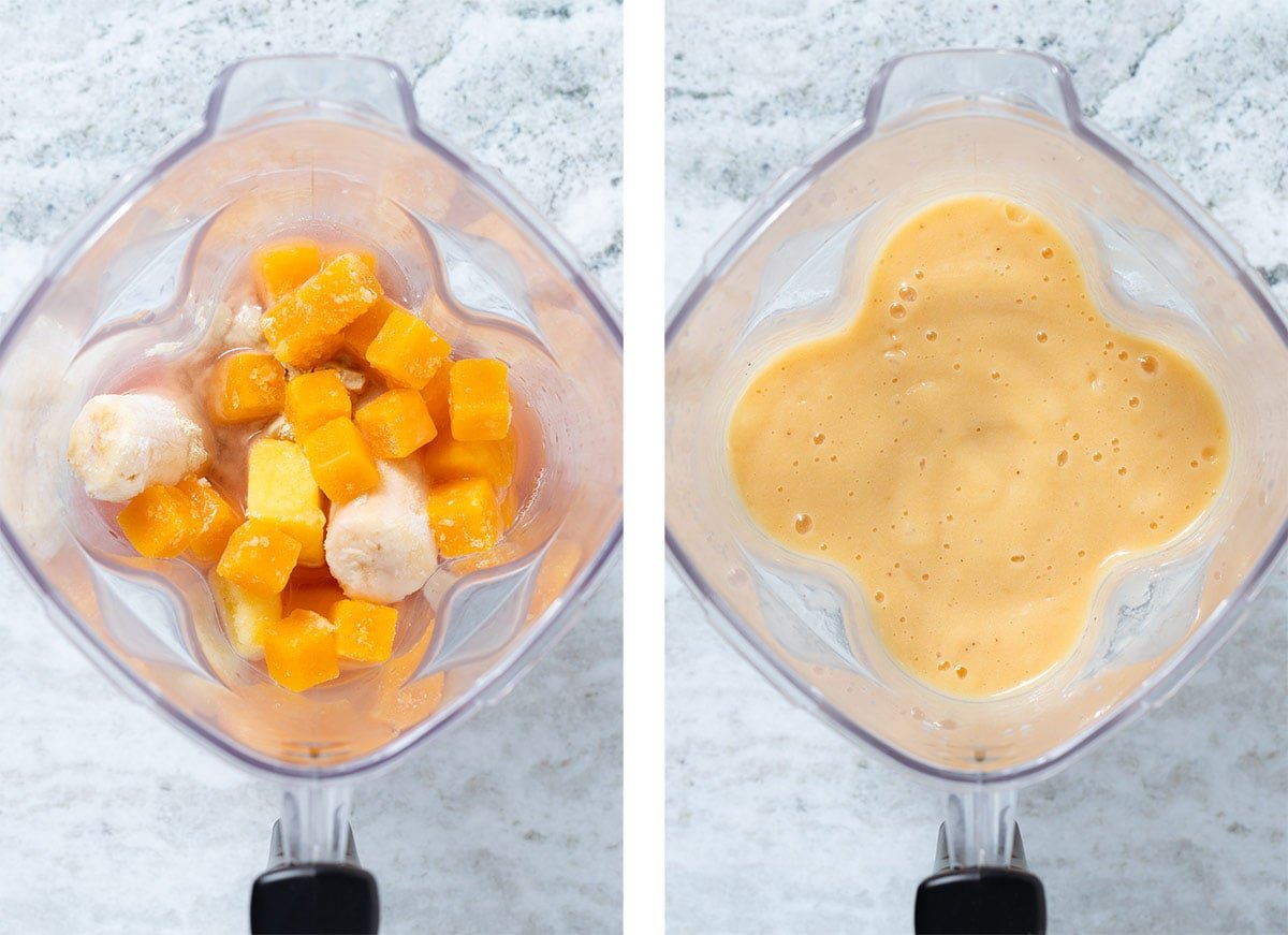 Frozen banana, mango, pineapple, and passion fruit in a high-speed blender before and after blending.