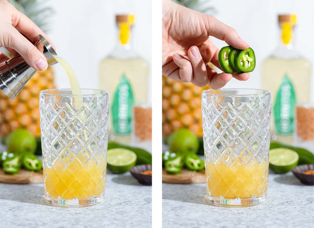 Lime juice and jalapeno slices being added to a glass cocktail shaker.