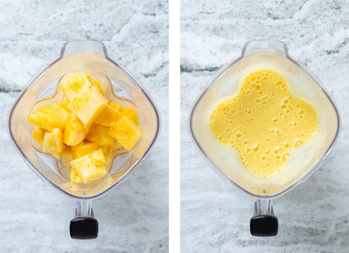 Chopped pineapple before and after blending in a high-speed blender.