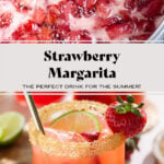 Light red margarita in a short glass garnished with coarse sugar on the rim and a strawberry with a gold straw.