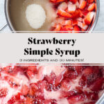 Fresh chopped strawberries with water and cane sugar in a small pot before and after cooking.