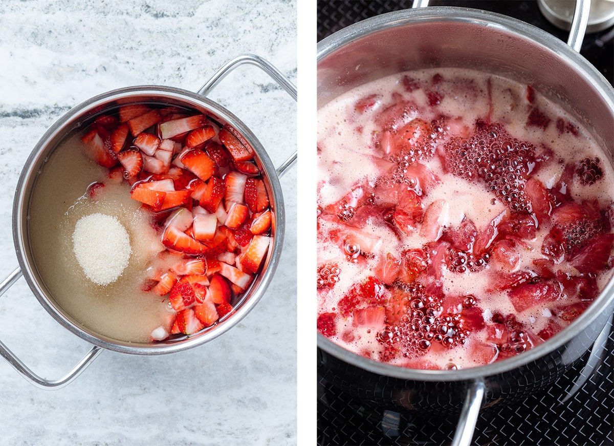 Fresh chopped strawberries with water and cane sugar in a small pot before and after cooking.