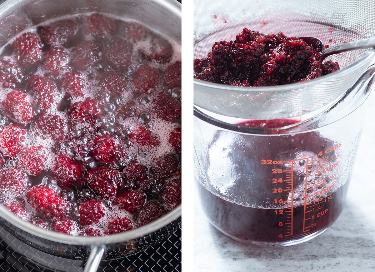Blackberries simmering with water and sugar and the syrup being strained into a large glass measuring cup.