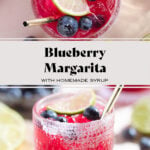 Bright pink purple margarita in a short glass garnished with blueberries and a lime slice with salt on the rim and a gold straw.