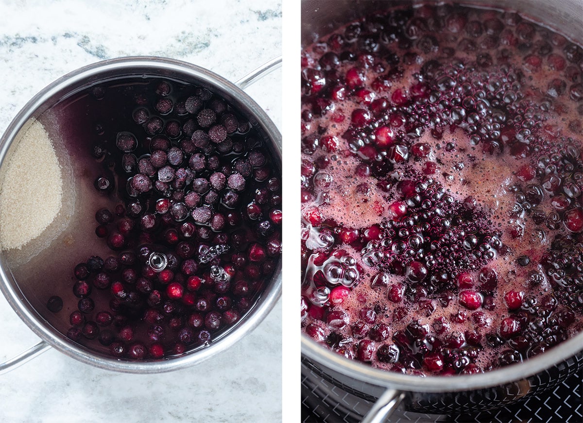 On the right a photo of a small pot with cane sugar, water, and blueberries, and on the right a photo of the syrup simmering.