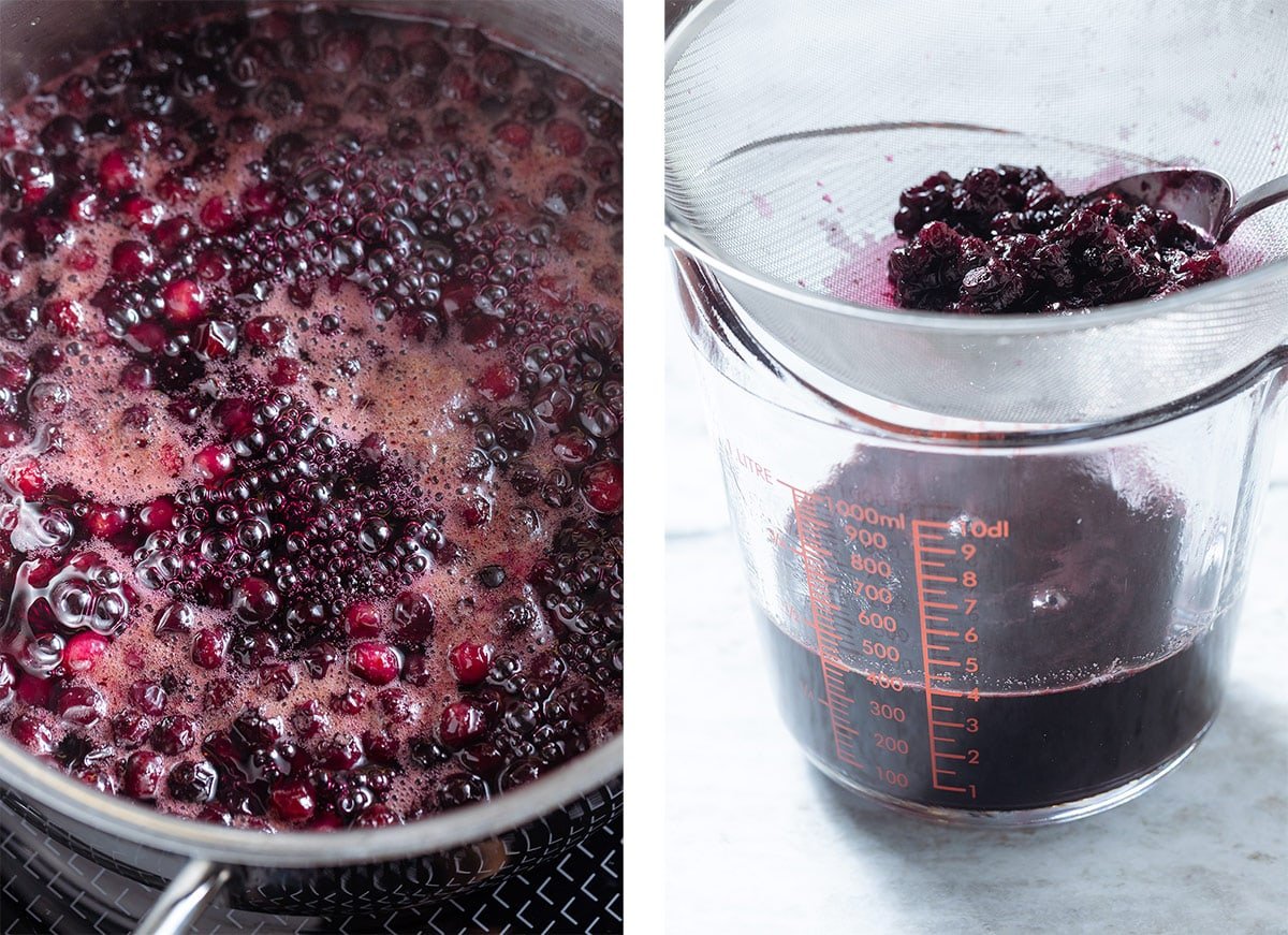 Blueberry syrup simmering on the left and the syrup being strained into a tall glass measuring cup on the right.