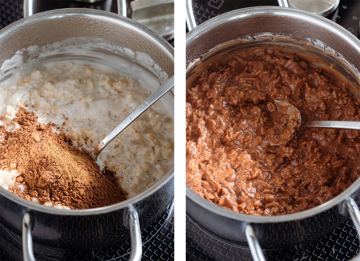 Cacao powder and cinnamon being stirred into cooked oatmeal in a saucepan with a silver spoon.