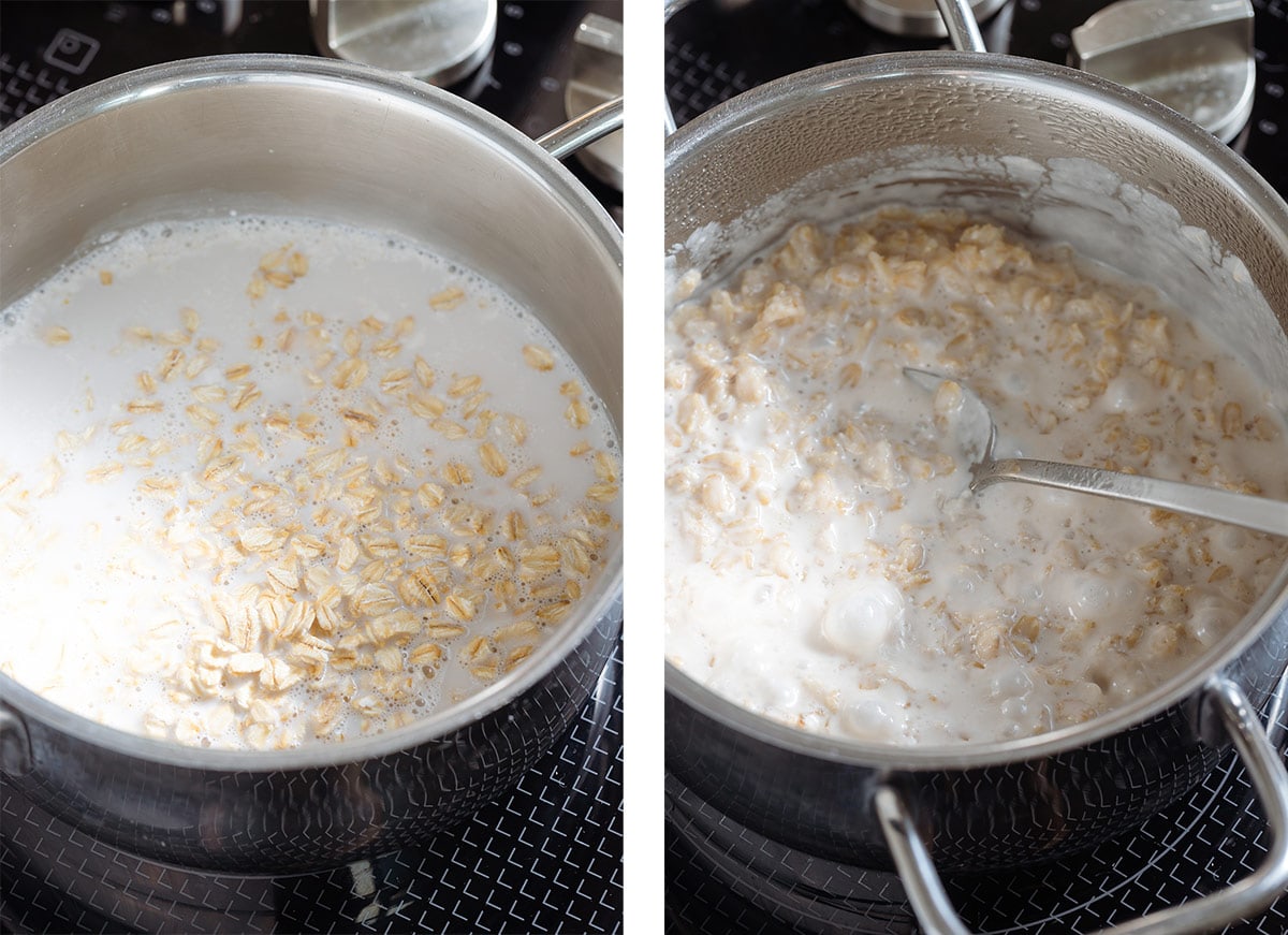 Oats cooking with almond milk cooking in a small pot.
