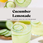 A short glass with light green cucumber lemonade over ice garnished with a slice of lemon and cucumber with a thin strip of cucumber around the inside wall of the glass.