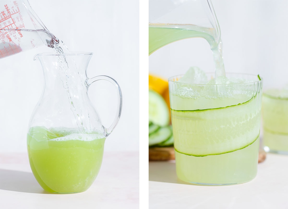 Water being poured into a tall glass jug with cucumber and lemon juice and served over ice.