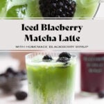 Matcha latte with three layers of matcha, milk, and blackberry syrup in a tall glass garnished with blackberries.