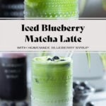 Iced matcha latte in a tall glass with a layer of blueberry syrup on the bottom of the glass garnished with fresh blueberries with a glass straw.