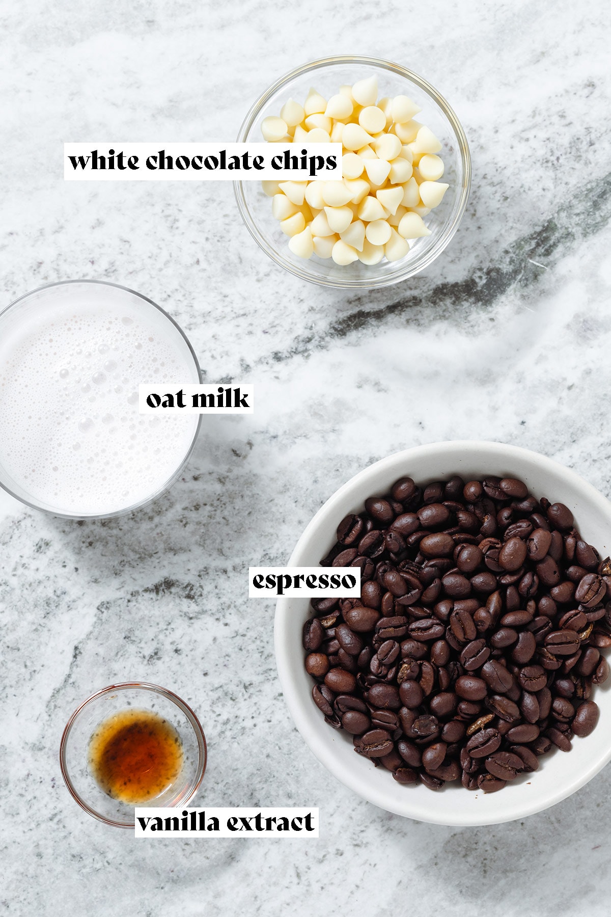 Coffee beans, white chocolate chips, milk, and vanilla extract laid out on a stone background with text overlay.