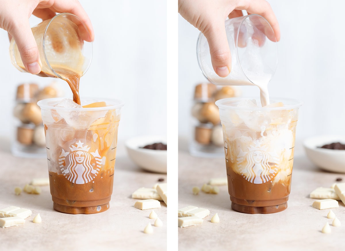 Freshly brewed espresso and oat milk being poured into a grande Starbucks cup over ice.