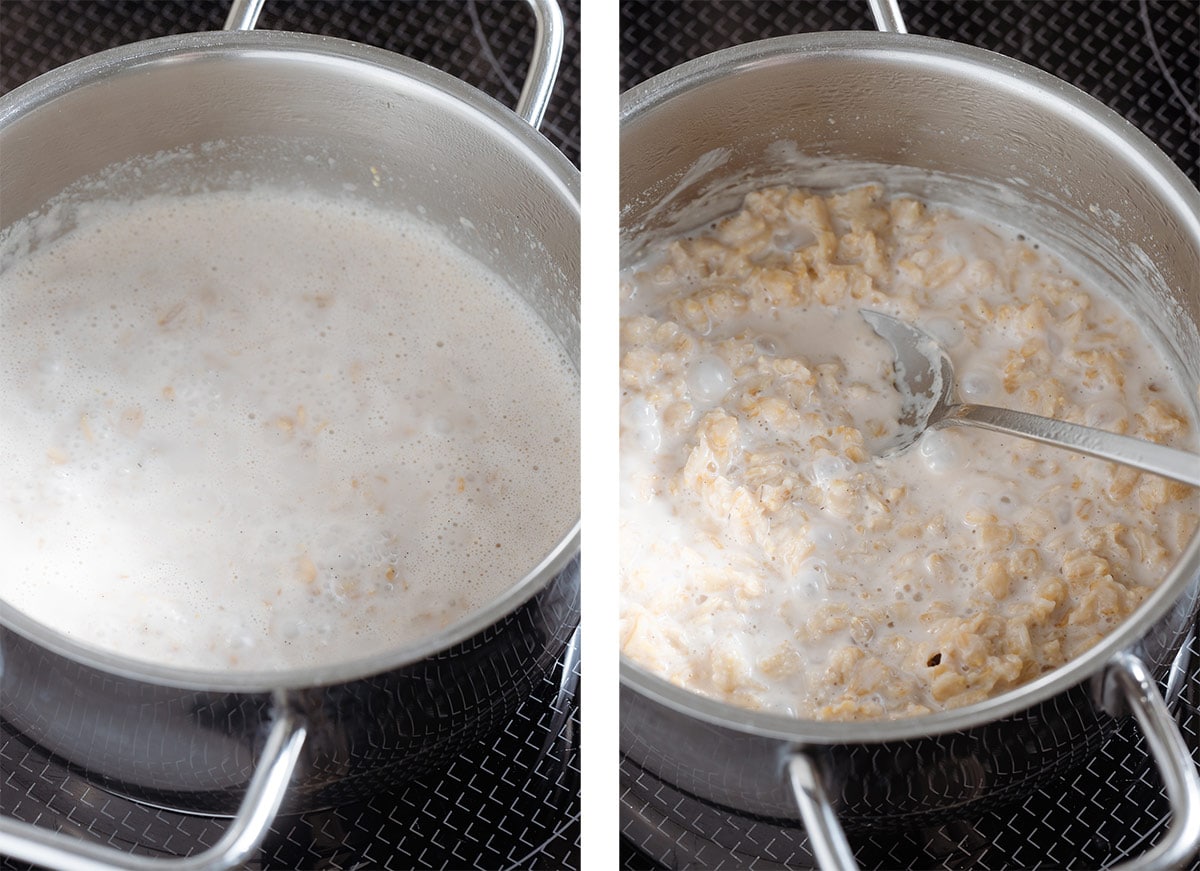 A small saucepan with almond milk and oats cooking with a spoon stirring the oats.