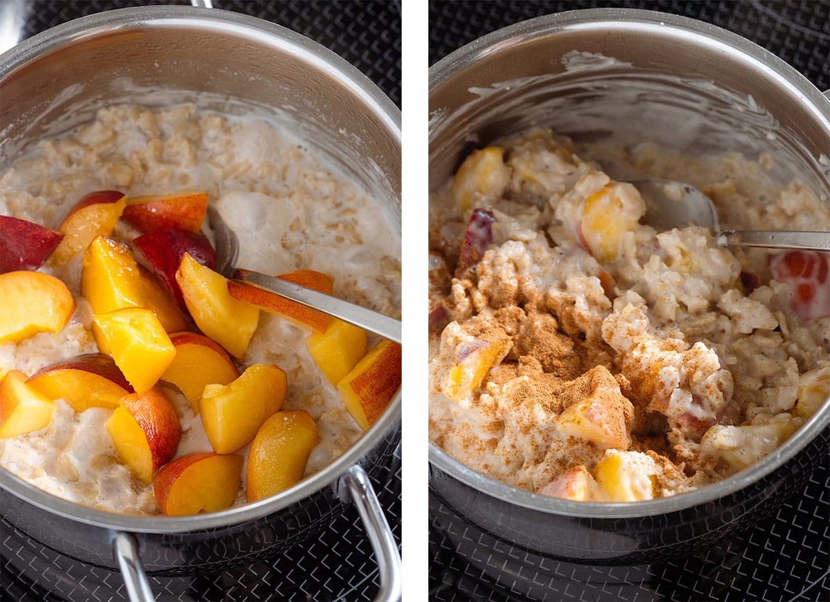 Chopped peaches and cinnamon being added to a small saucepan with peach oatmeal.