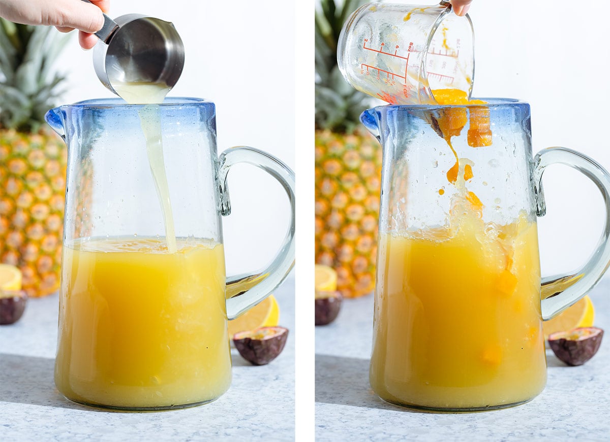 Lemon juice and frozen passion fruit puree being added into a tall pitcher with a blue rim filled with pineapple juice and water.