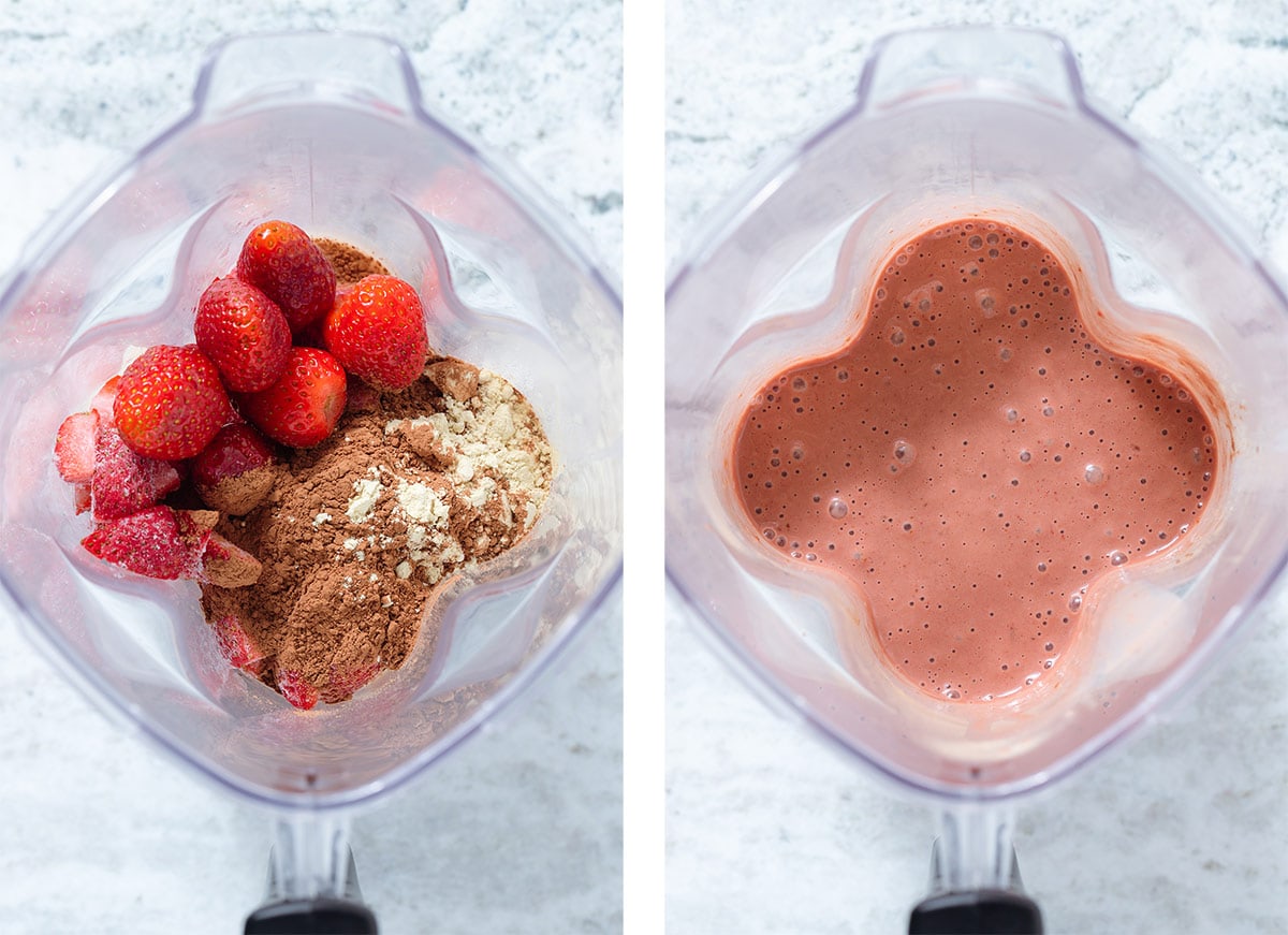 A high-speed blender with strawberries, cacao, and other ingredients before and after blending.
