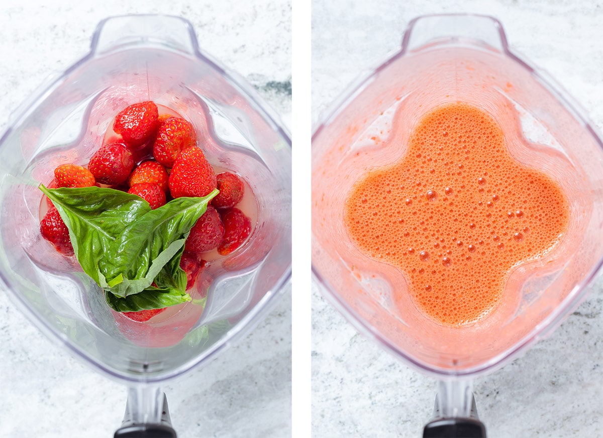 Strawberries, fresh basil, and lemon juice before and after blending in a high-speed blender.