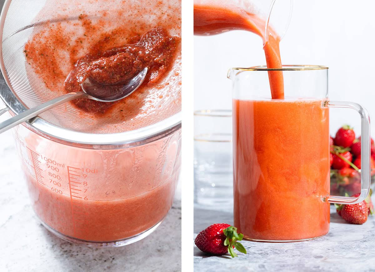 Blended strawberries being strained and poured into a tall pitcher with water.