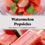 Watermelon popsicles on a large white serving platter with ice and slices of watermelon.