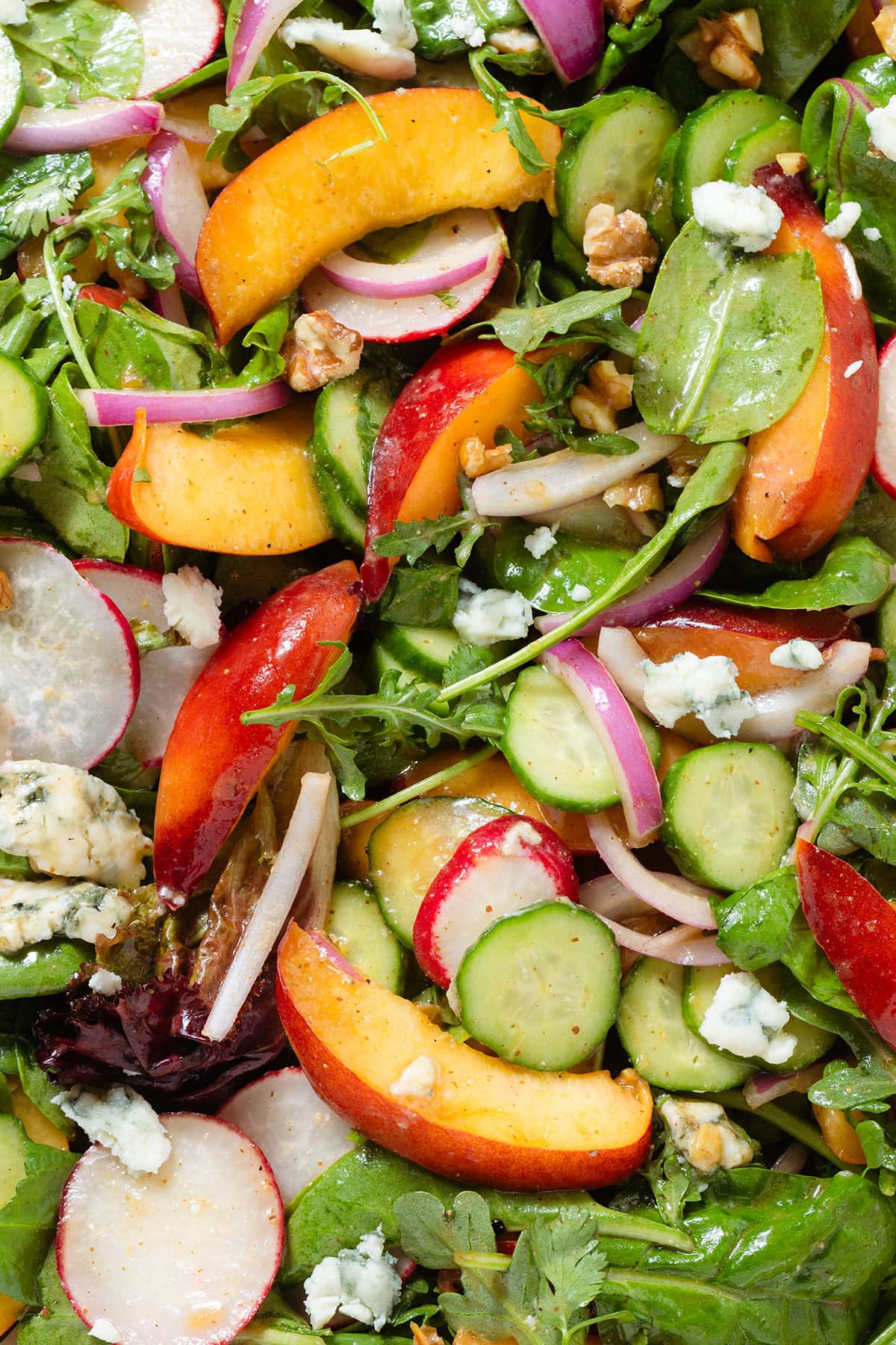 Nectarine salad with mixed greens, red onion, cucumbers, radishes, and blue cheese.