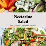 Nectarine salad with mixed greens and radishes on a large white serving platter with a black rim with two wooden spoons inserted in scooping the salad.