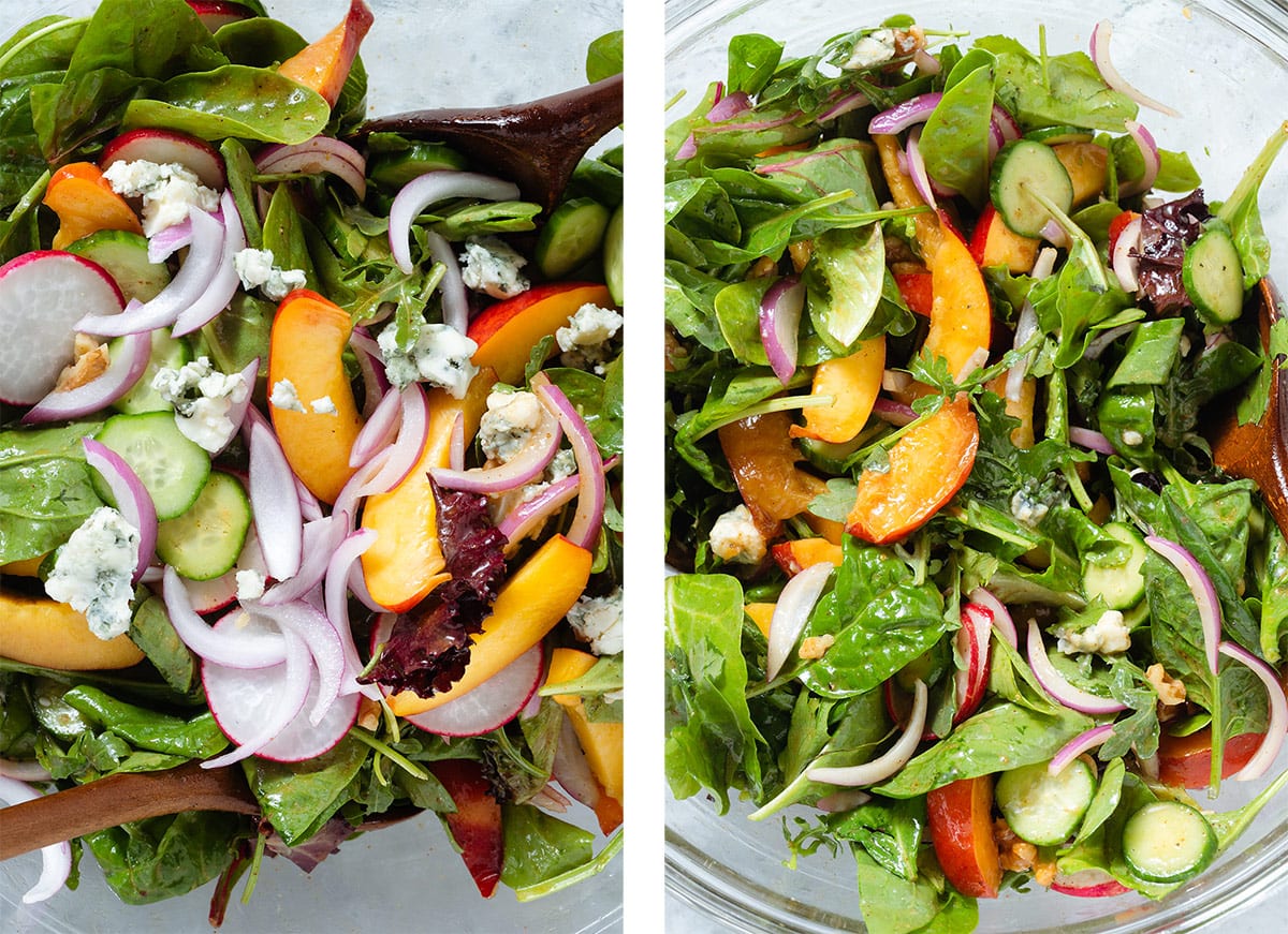 Nectarine salad with mixed greens, red onion, cucumbers, radishes, and blue cheese.