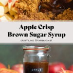 Brown syrup in a glass jar with a label on it that says Apple Brown Sugar Syrup with apples around it on a dark wooden background.