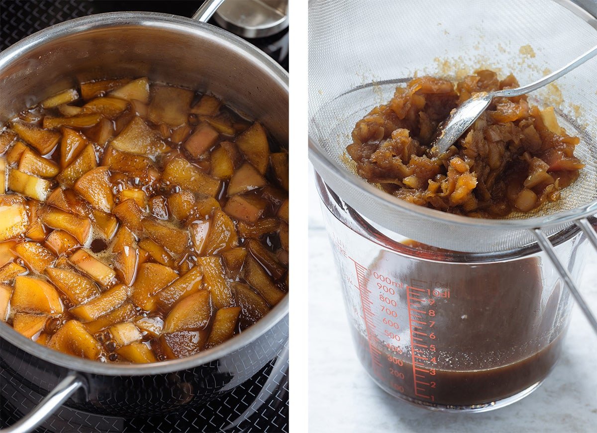 Diced apples simmering with sugar and water in a medium pot on the left and the apples being strained through a fine mesh strainer into a glass measuring jar.