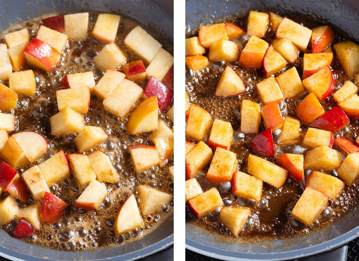 Diced apples simmer with maple syrup and butter in a non-stick pan.