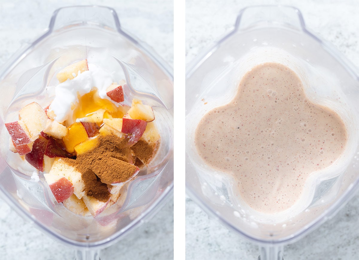 Apples, yogurt, milk, and spiced in a blender before and after blending.