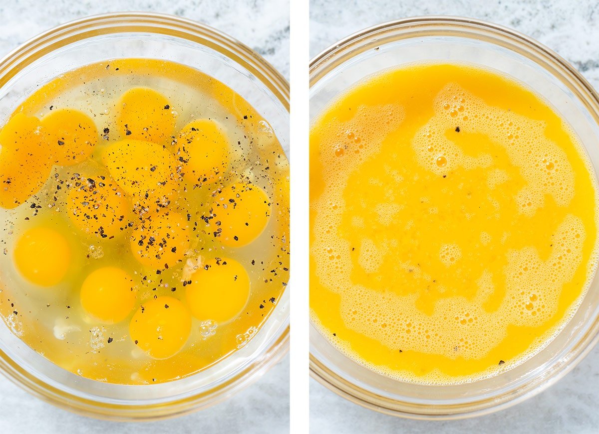 Eggs with salt and pepper in a glass bowl before and after whisking.