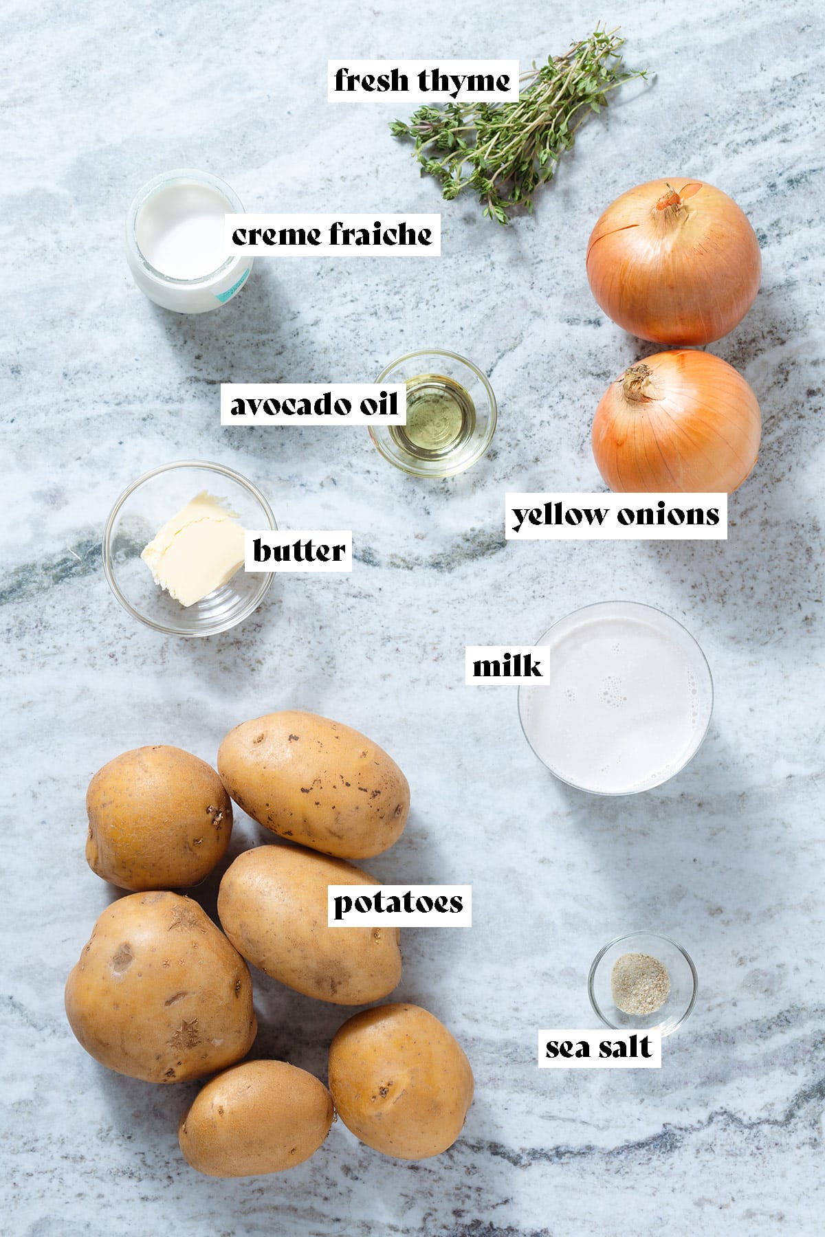 Potatoes, yellow onions, milk, creme fraiche, butter, milk, and other ingredients laid out on a grey stone background with text overlay.