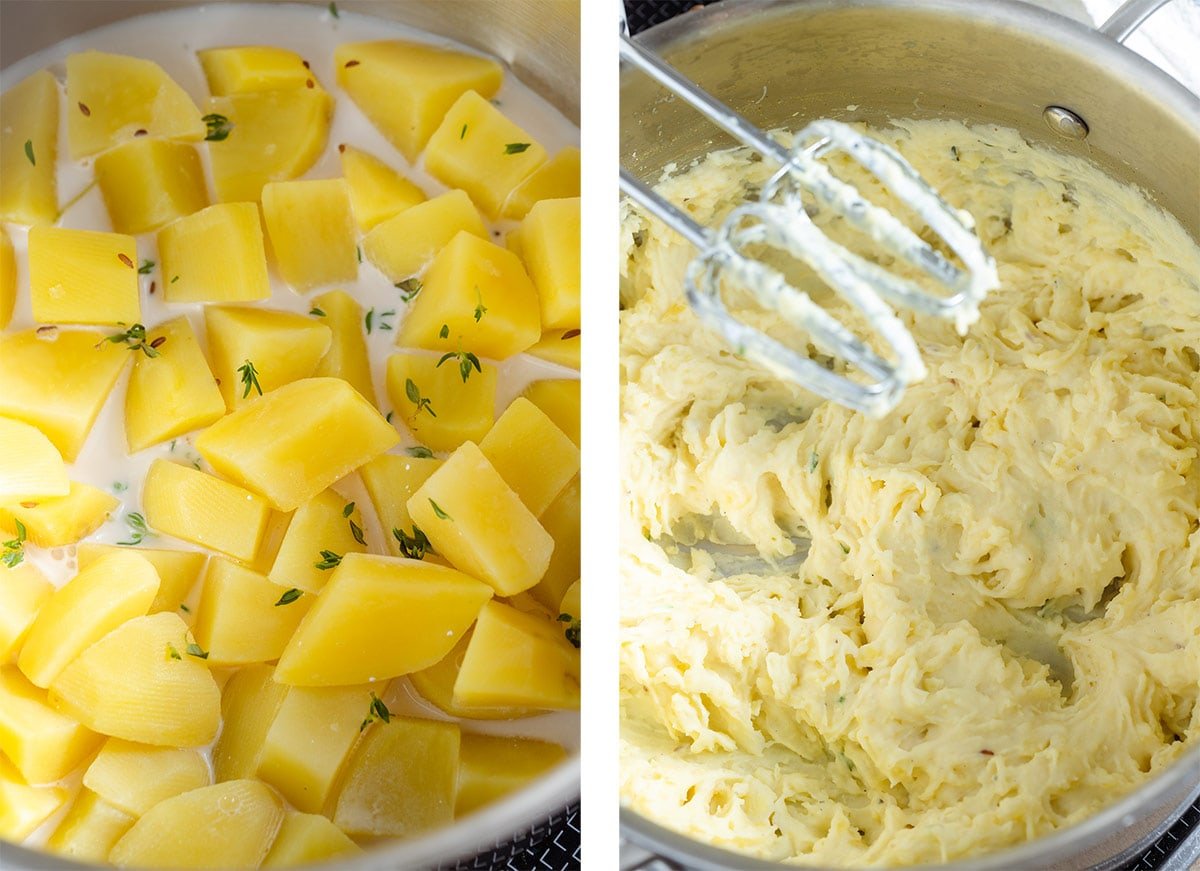 Potatoes with milk and fresh thyme in a large pot before and after mixing with a handheld mixer into mashed potatoes.