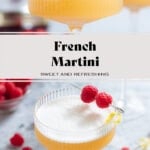 A martini glass with light orange colored cocktail with foam on top garnished with two raspberries on a cocktail pick and a lemon twist with more raspberries around and another cocktail in the background.