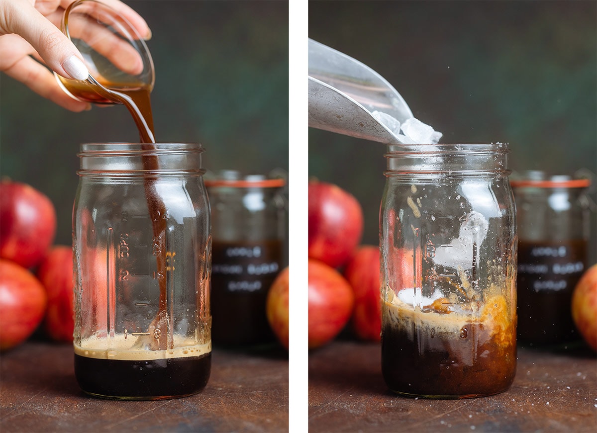 Apple syrup and ice being added to a large mason jar with espresso.