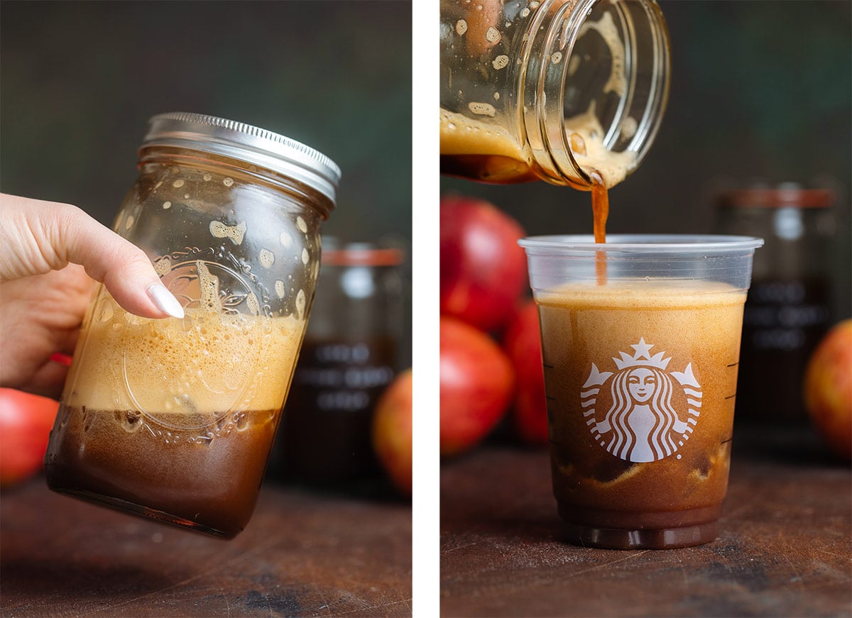 Shaken espresso being shaken in a large mason jar and pouring it into a plastic Starbucks cup.