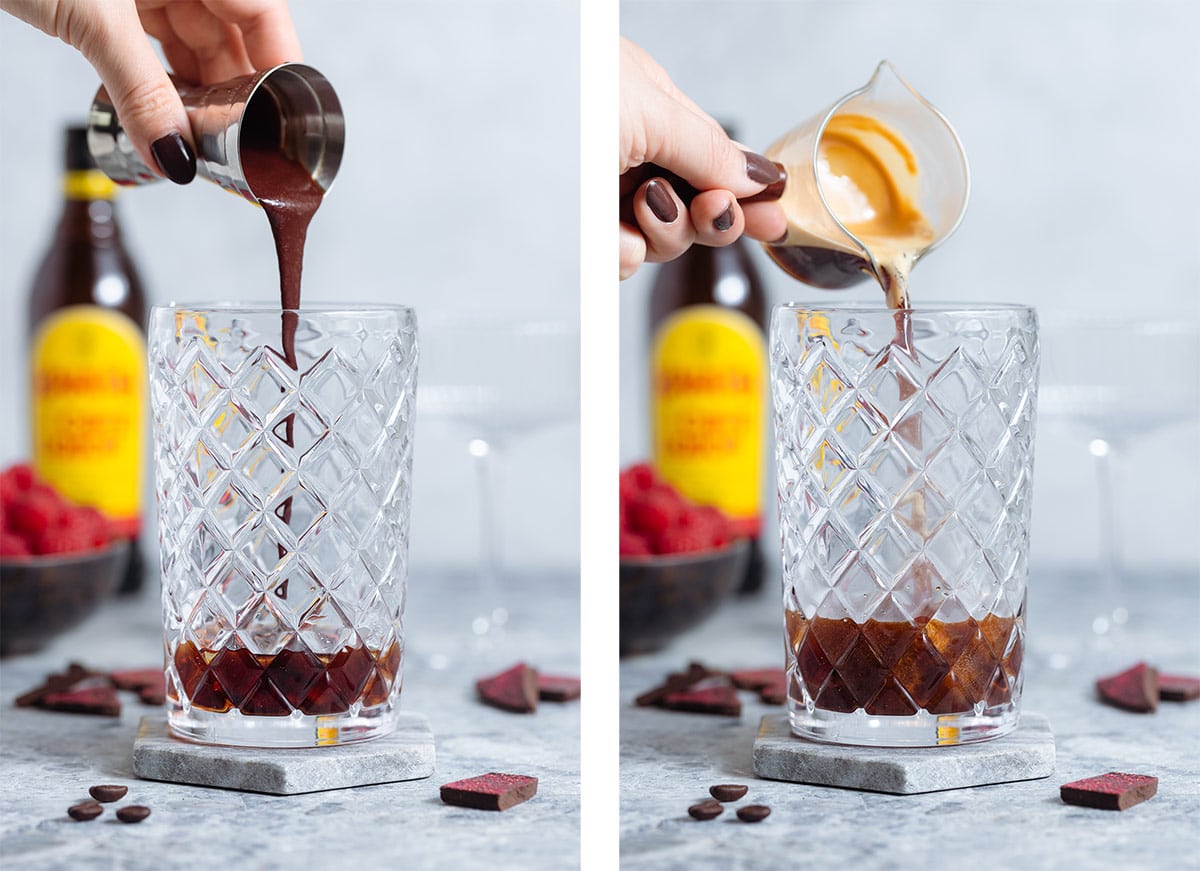 Chocolate syrup and espresso being poured into a glass cocktail shaker on a grey background.